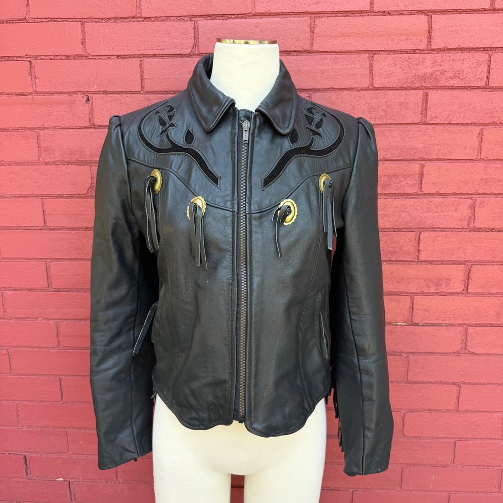 Vtg US Made Co Black Leather Western Fringe Jacket Concho Embroidered Size 10